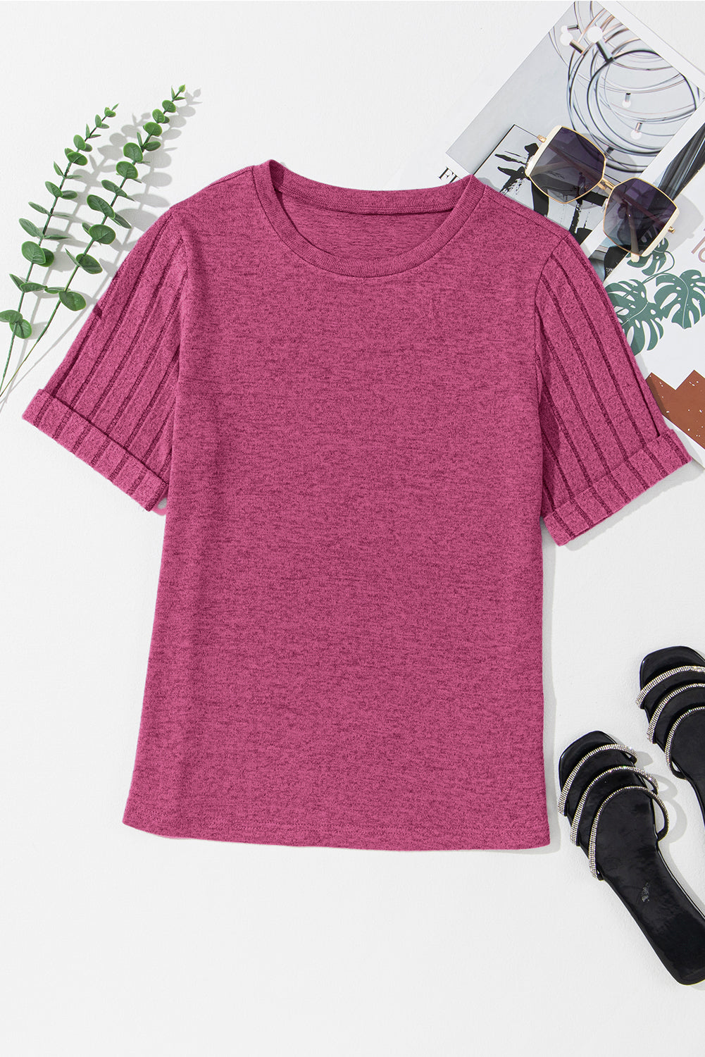 Bright Pink Ribbed Splicing Sleeve Round Neck T-shirt