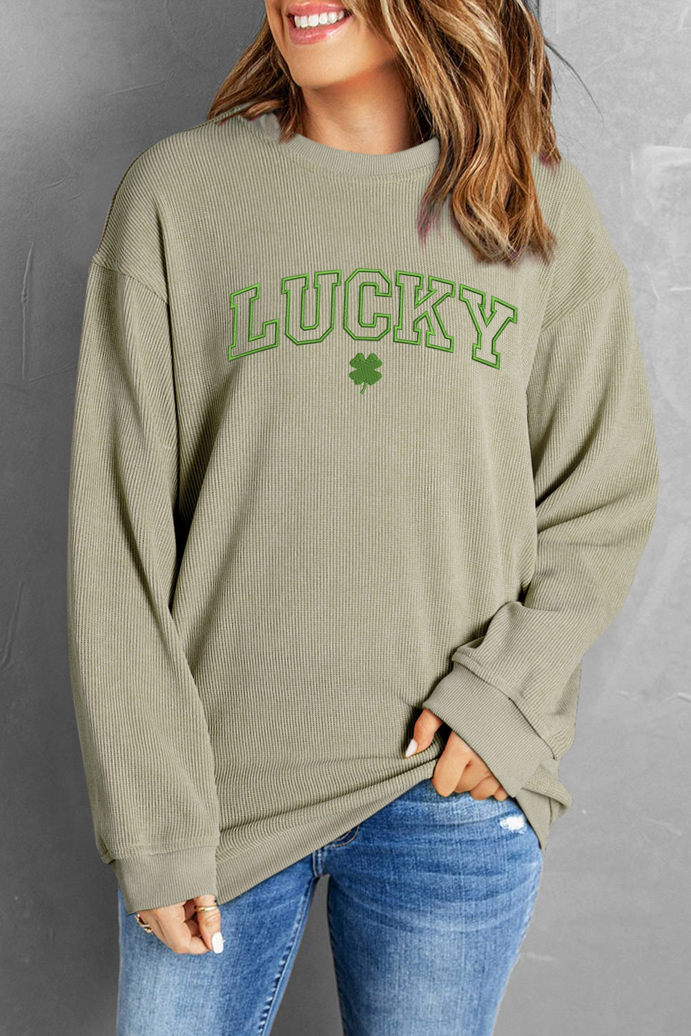Green LUCKY Clover Embroidered Corded Crewneck Sweatshirt – Faith Grace ...